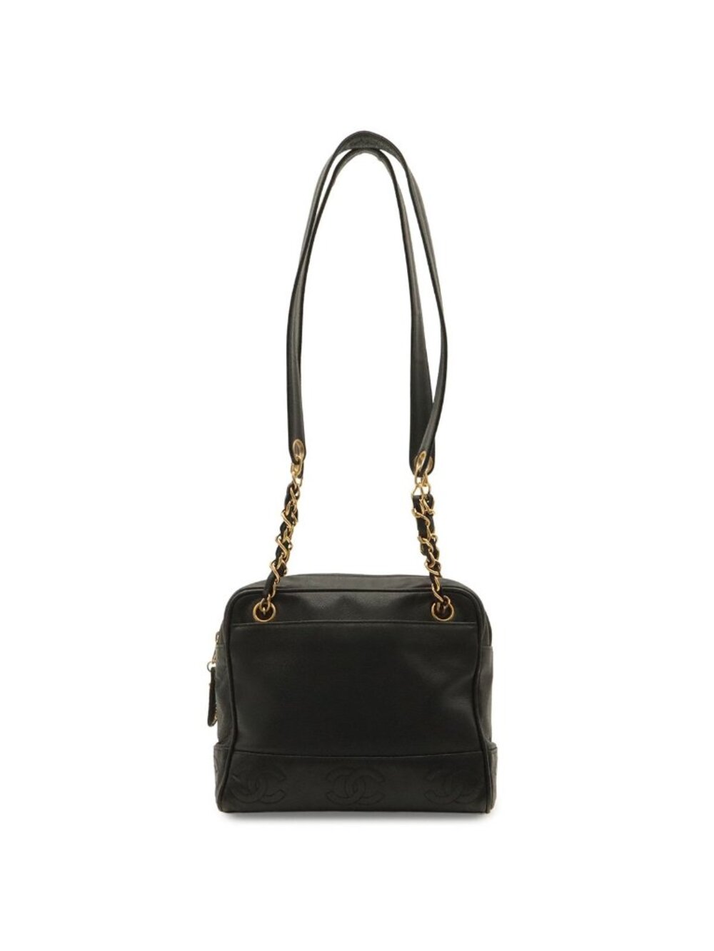 Chanel Triple CC Logo Tote Chain Shoulder Bag Caviar Leather Black Gold